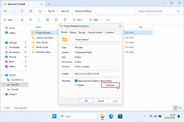 Pada tab General, klik Advanced