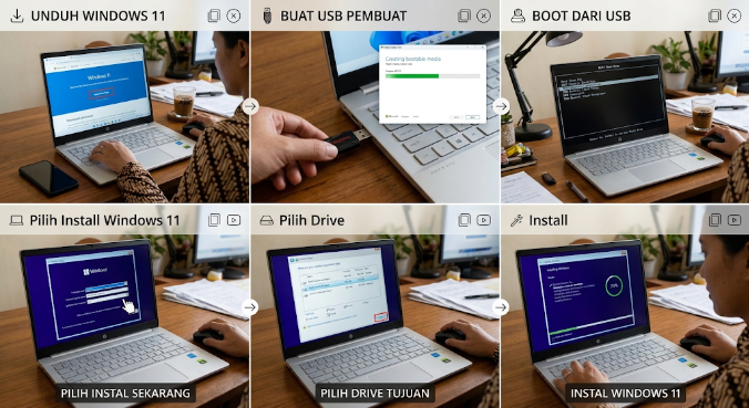 Download Windows 11 → Buat USB Installer → Boot dari USB → Pilih Install Windows 11 → Pilih drive → Install